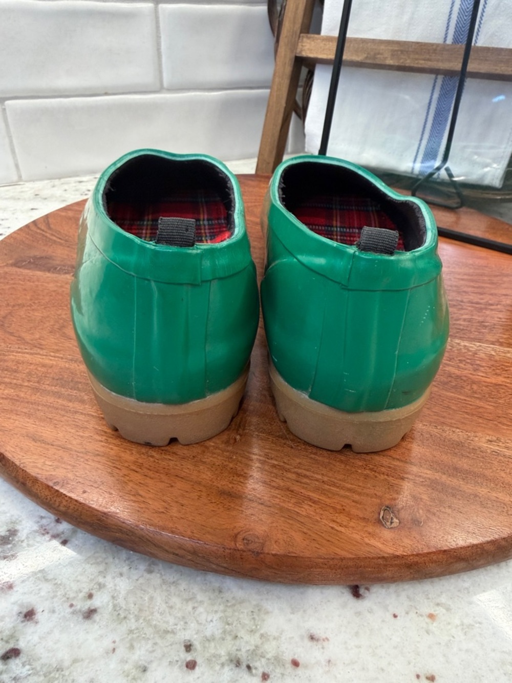Mid West Green Slip On Rubber Garden Rain Shoes Clogs sz 7 Plaid insoles - Picture 4 of 6